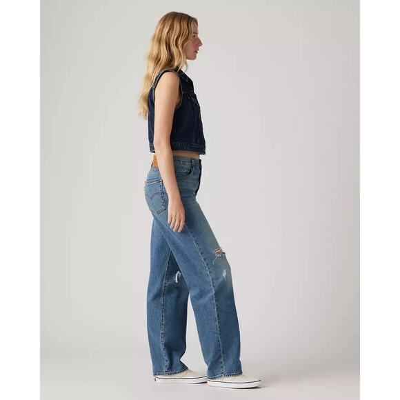 Levi’s Baggy Dad Straight Leg Distressed Denim Blue Jeans Women’s Size 27 - Picture 2 of 11